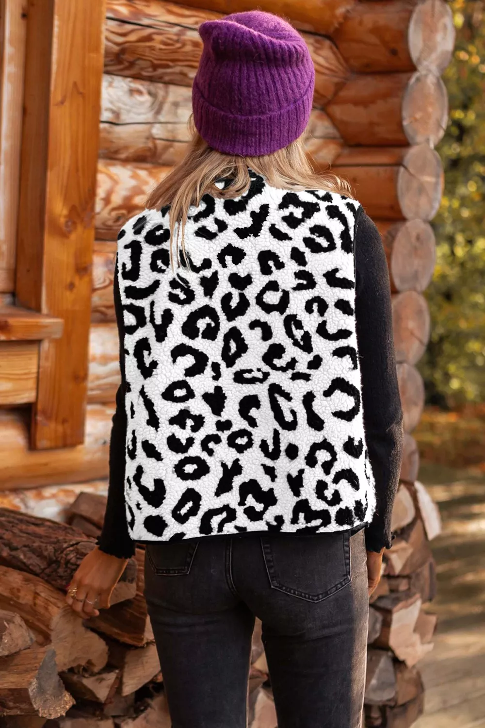 Leopard Print Sherpa Fleece Vest Coat - Image 5