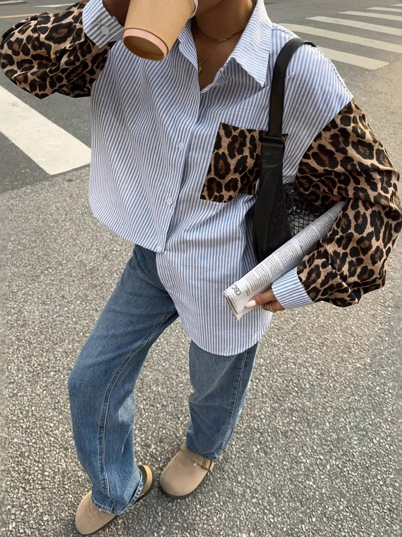 Leopard Print Sleeve Striped Button-Down Shirt - Image 2
