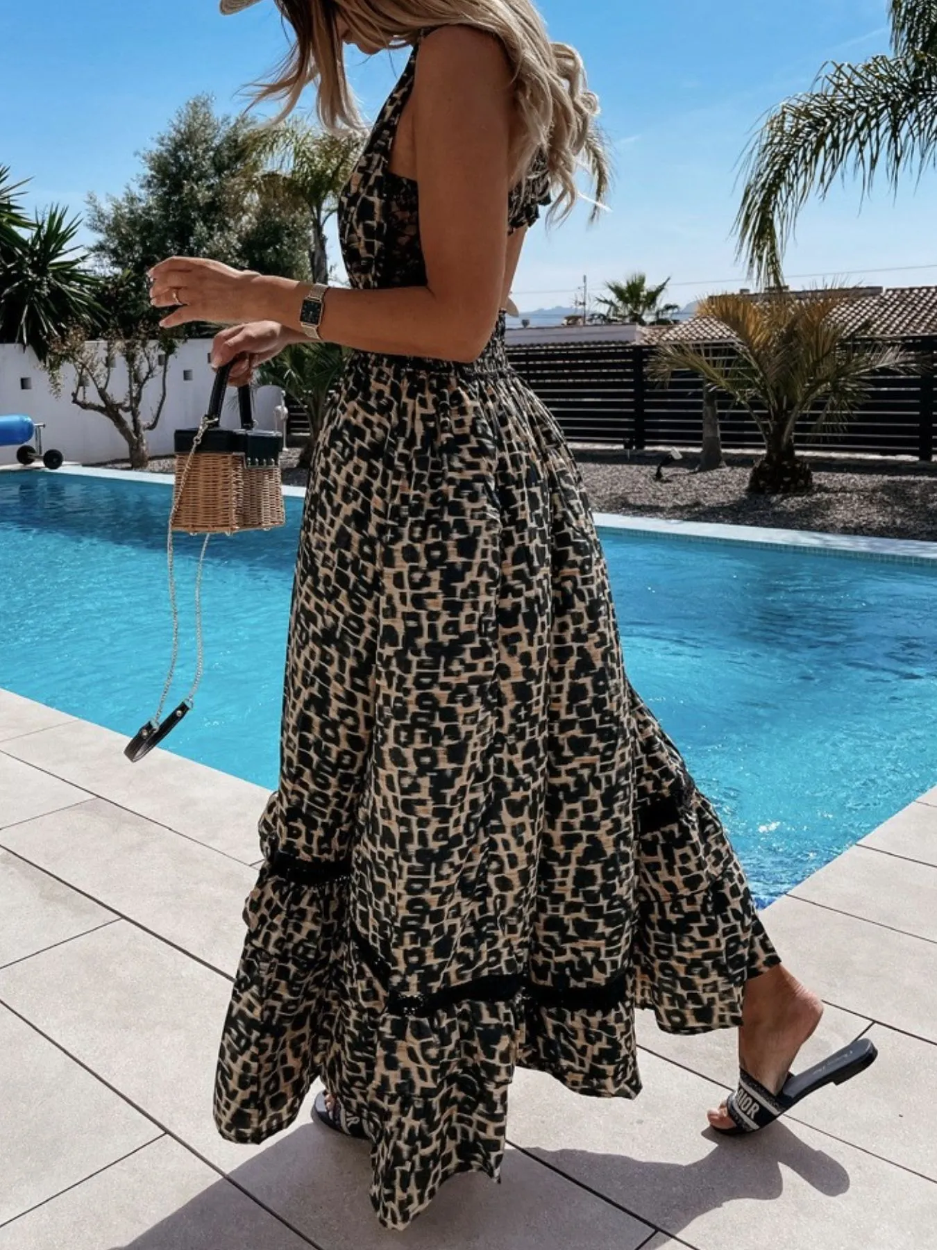 Leopard Print Sleeveless Maxi Dress with Lace Trim - Image 6