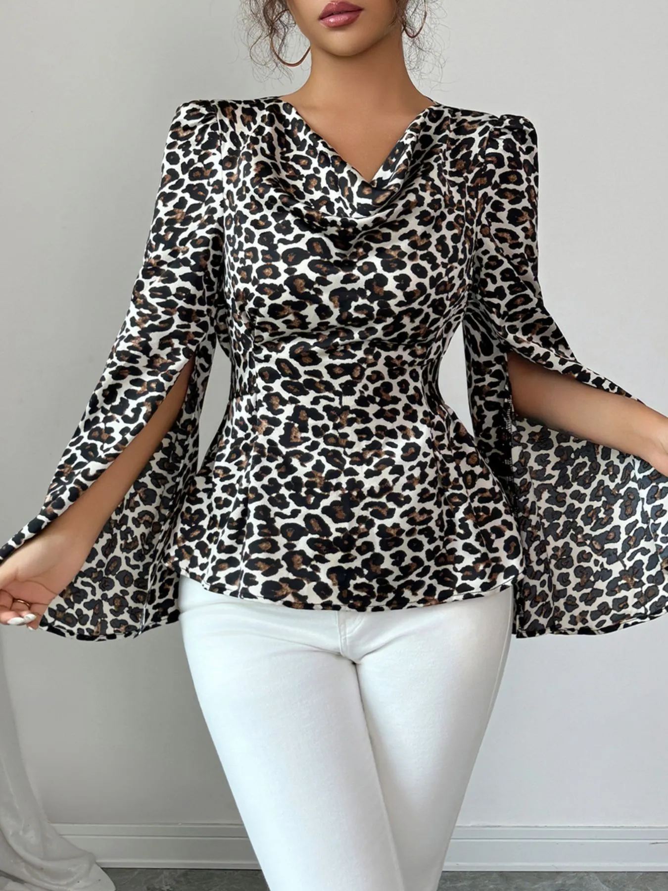 Leopard Print Slit Sleeve Blouse - Image 4