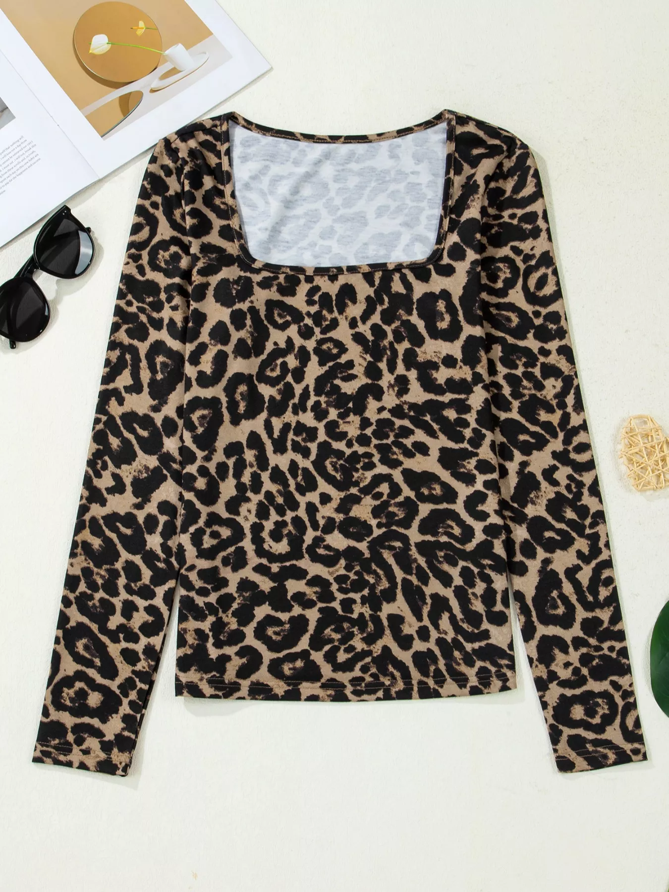 Leopard Print Square Neck Long Sleeve Top - Image 6