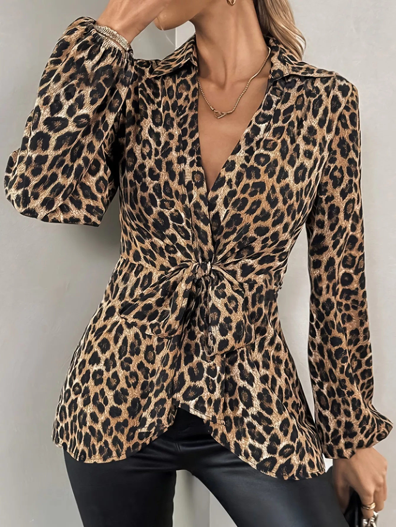 Leopard Print Tie Front Long Sleeve Blouse - Image 3