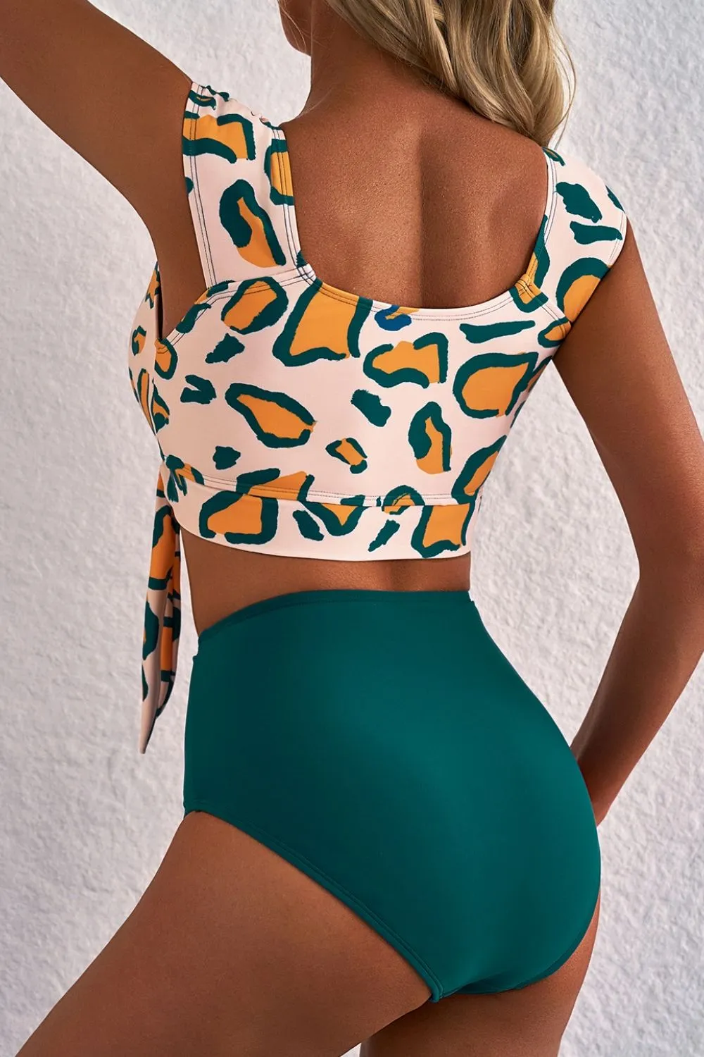 Leopard Print U Neck Knotted High Waist Bikini Set - Image 4