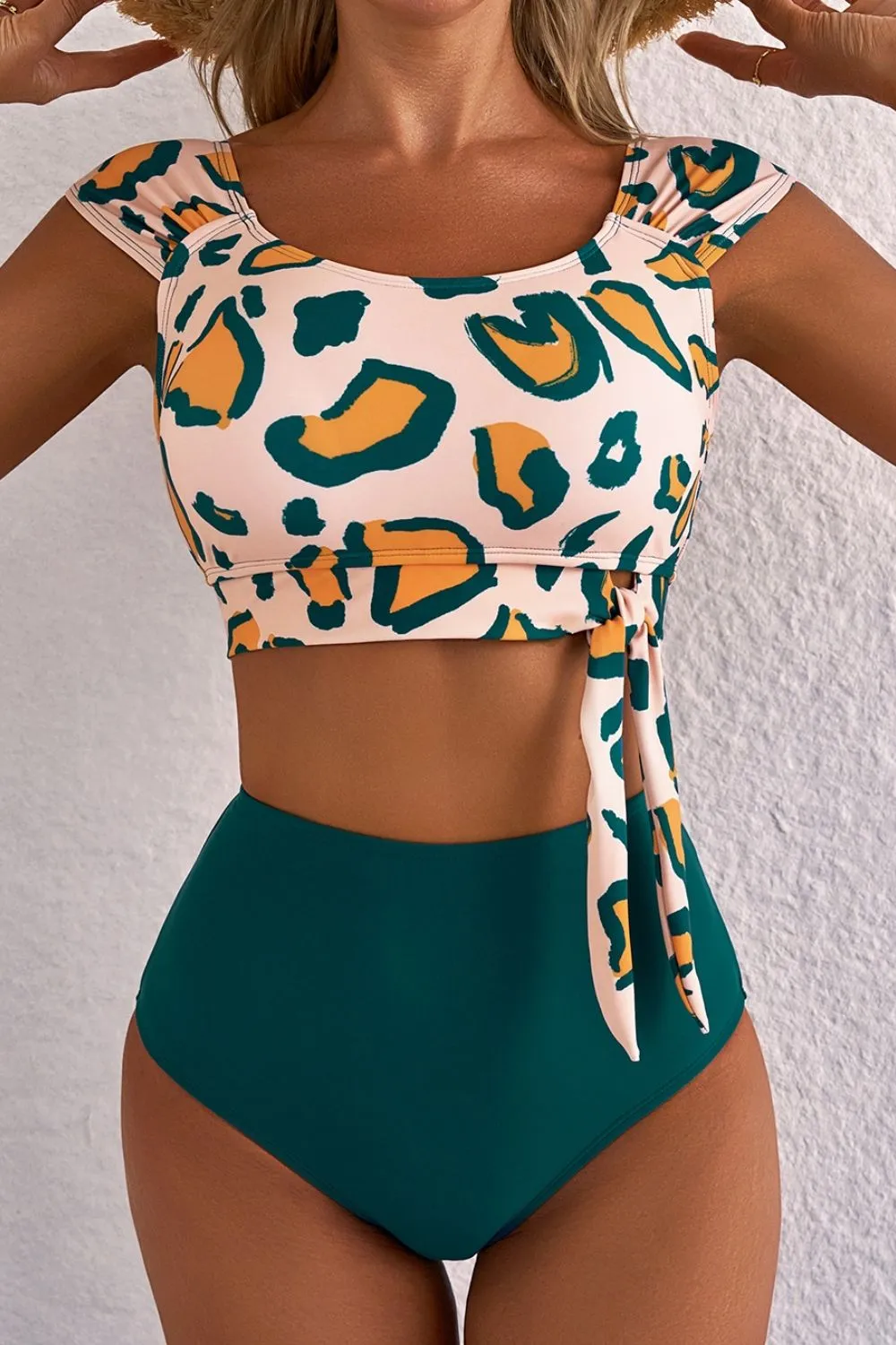 Leopard Print U Neck Knotted High Waist Bikini Set - Image 5
