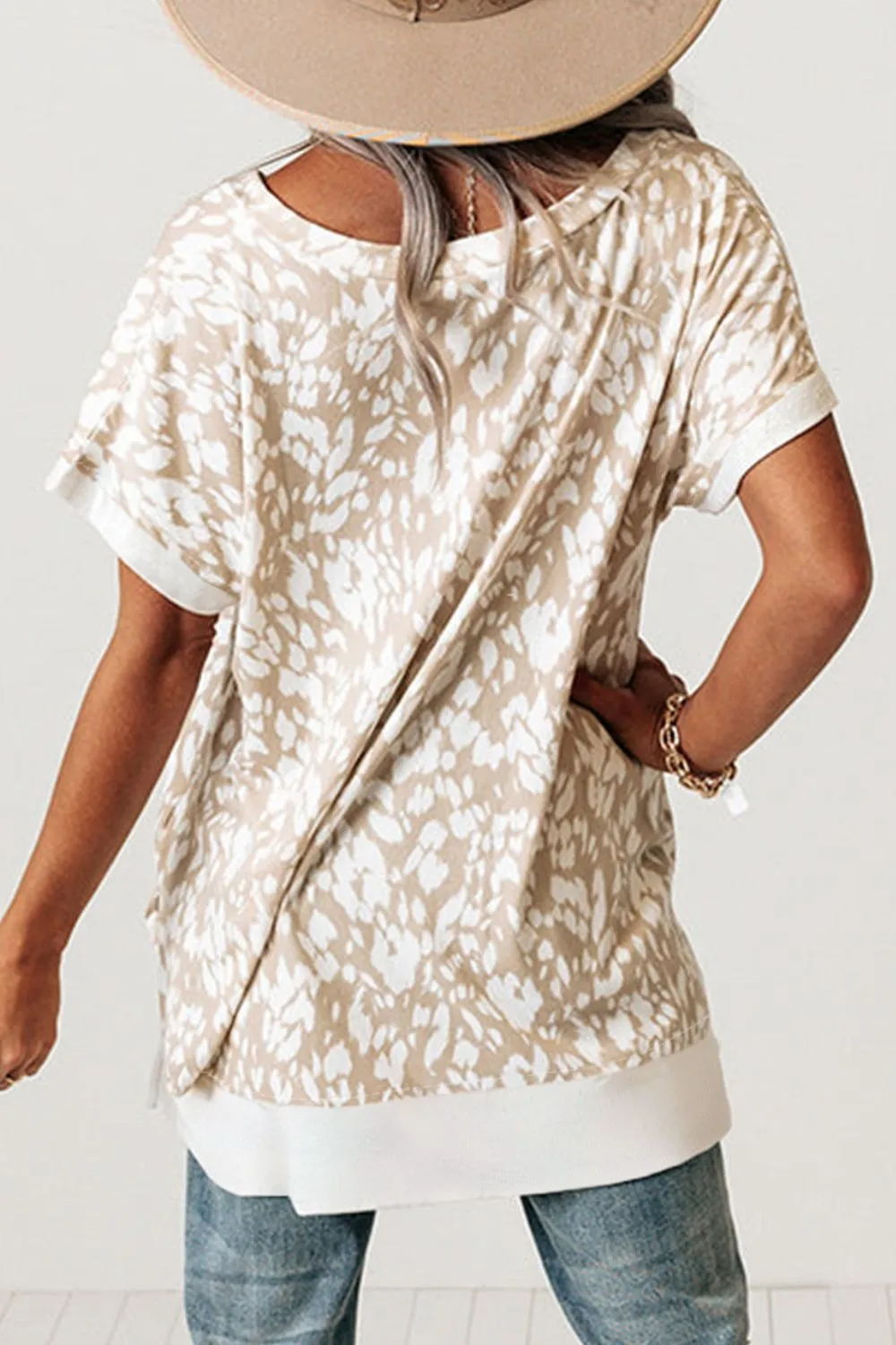 Leopard Print V Neck Side Slit Loose Fit T Shirt - Image 2