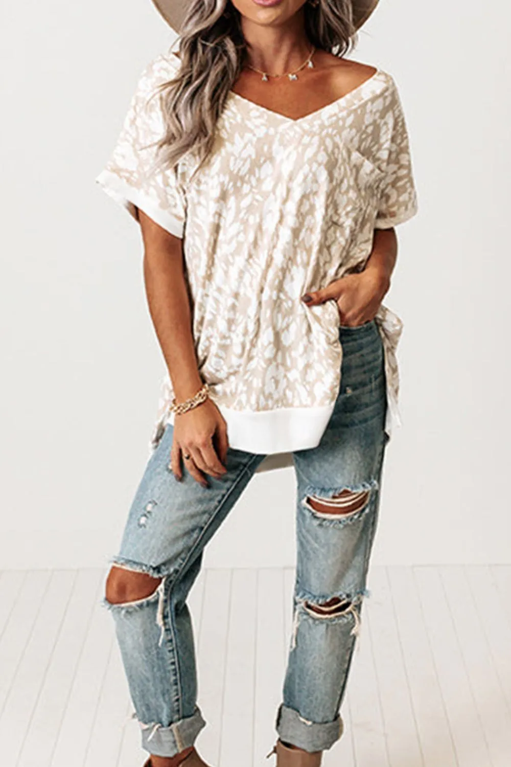 Leopard Print V Neck Side Slit Loose Fit T Shirt - Image 4