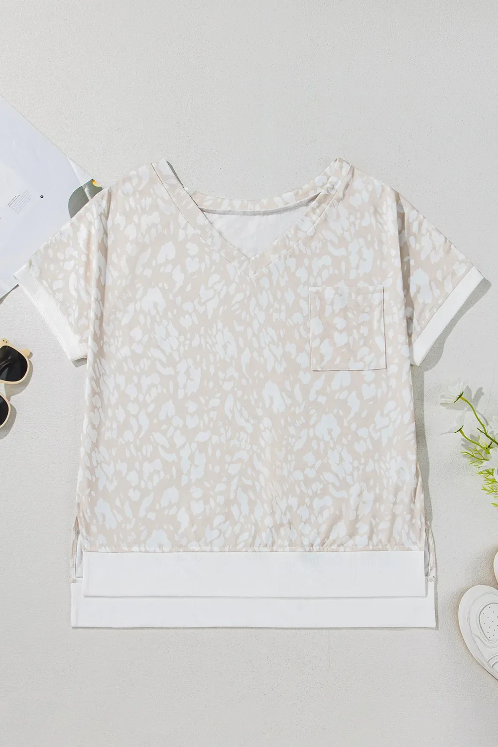 Leopard Print V Neck Side Slit Loose Fit T Shirt - Image 5