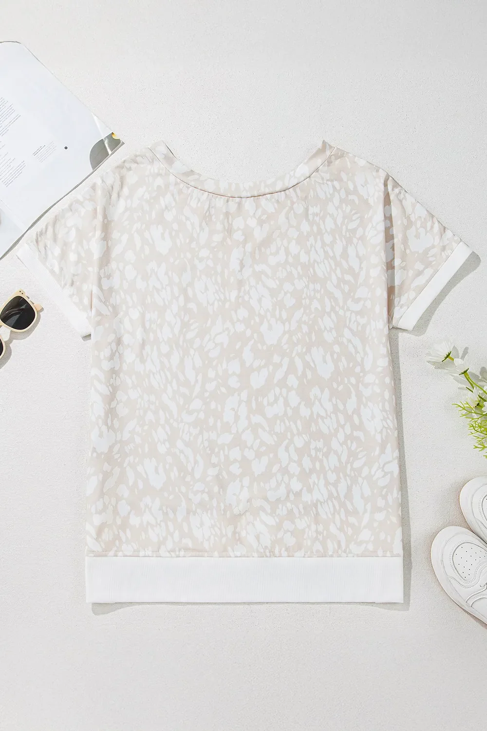 Leopard Print V Neck Side Slit Loose Fit T Shirt - Image 6