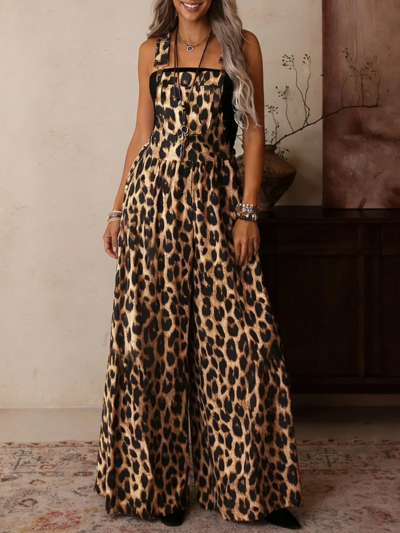 Leopard Print Wide Leg Overalls - Image 3