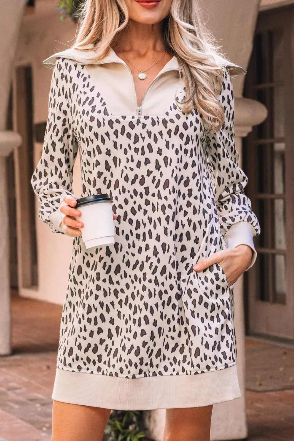 Leopard Print Zip up Collar Patchwork Shift Mini Dress - Image 2