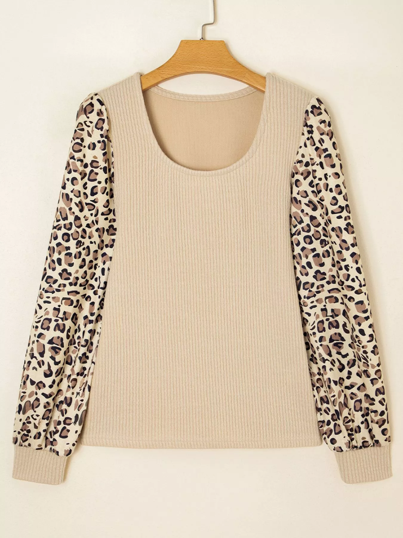 Leopard Sleeve Patchwork Ribbed Knit U Neck Top - Image 7