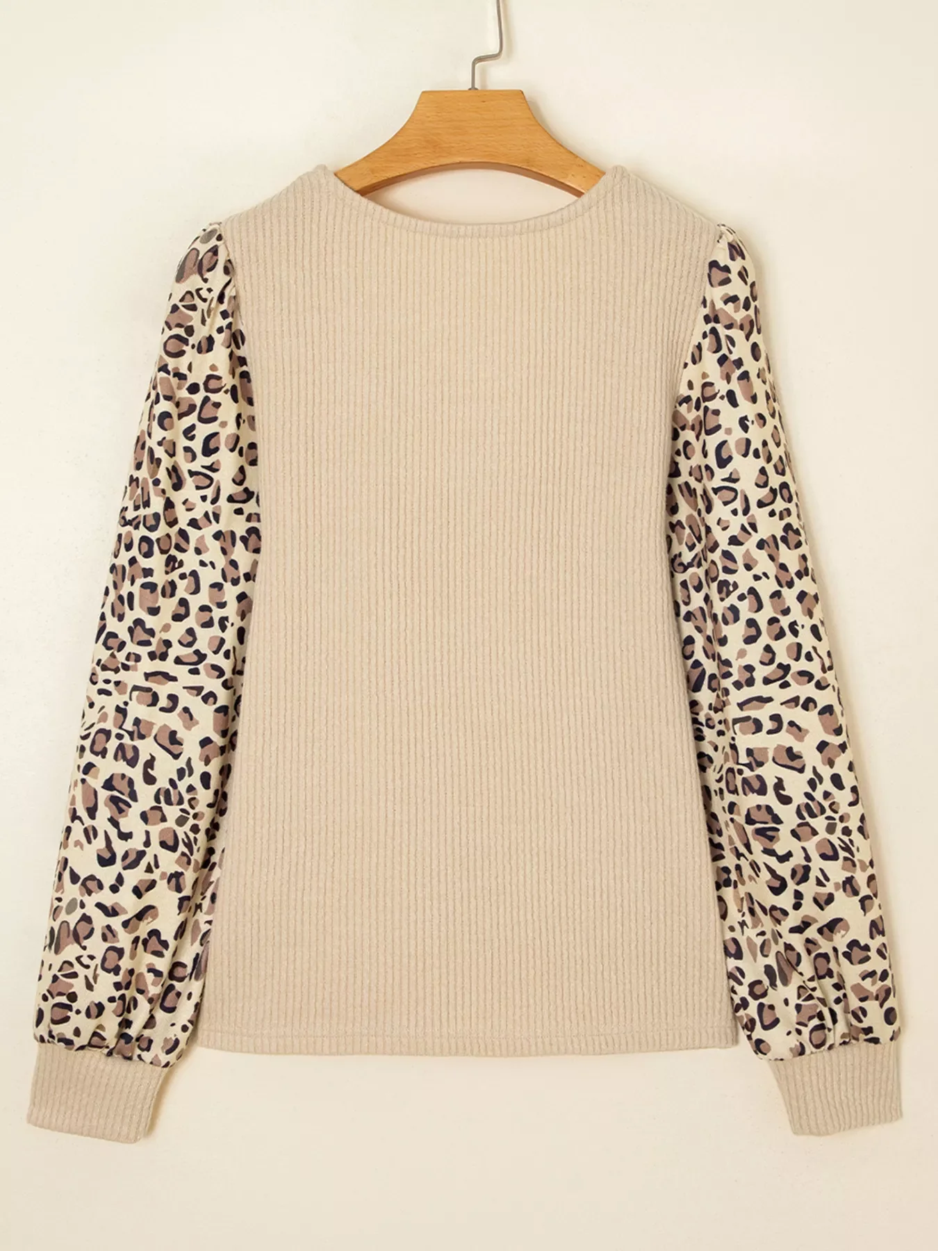 Leopard Sleeve Patchwork Ribbed Knit U Neck Top - Image 8