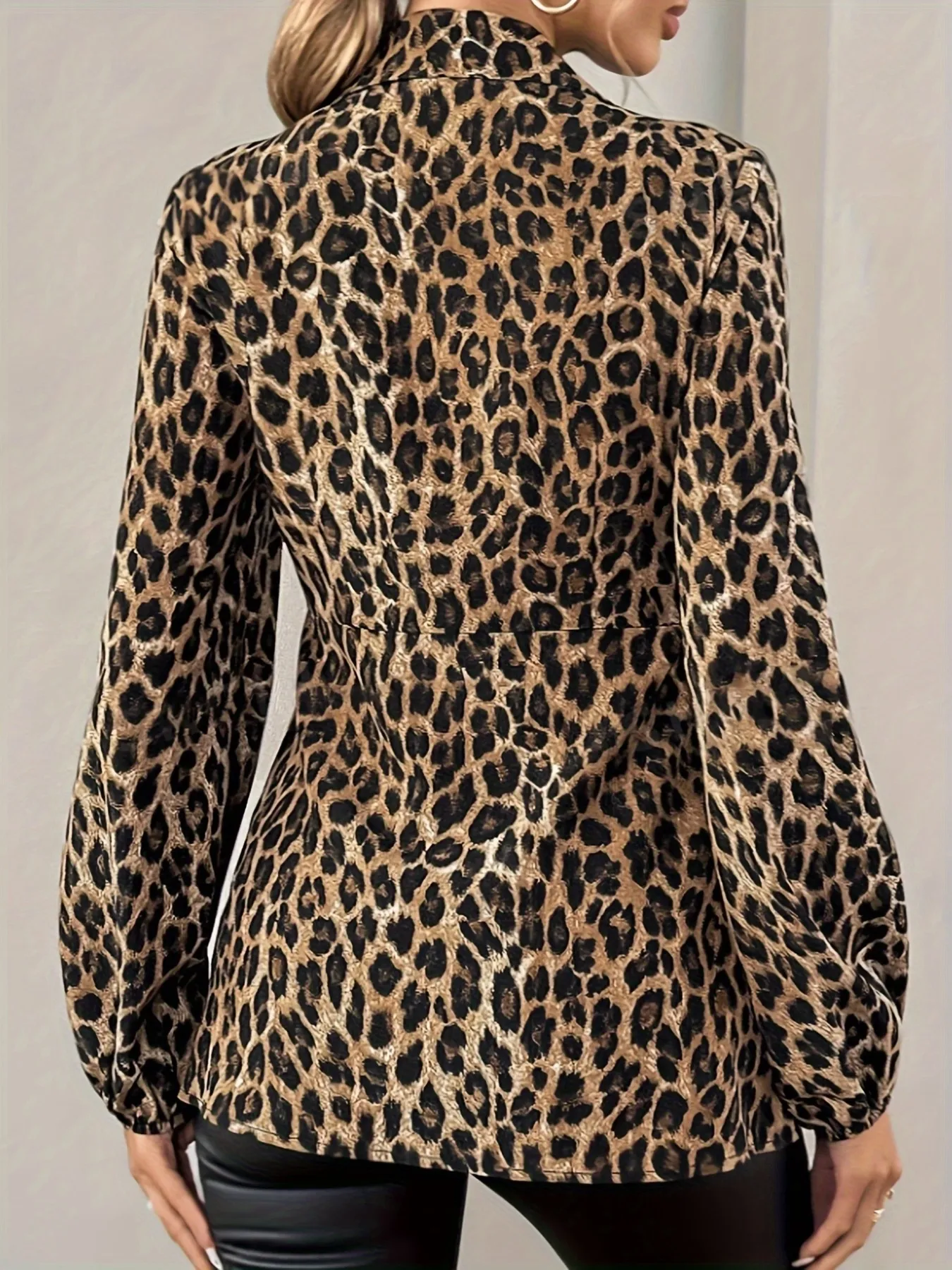 Leopard Tie Front Long Sleeve Blouse - Image 3