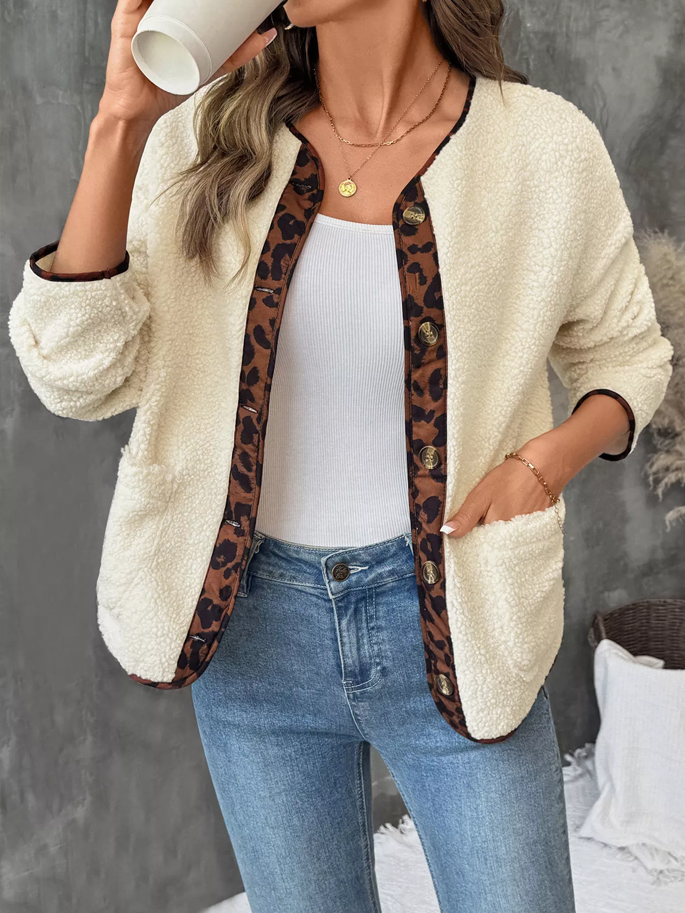 Leopard Trim Button Up Jacket - Image 3