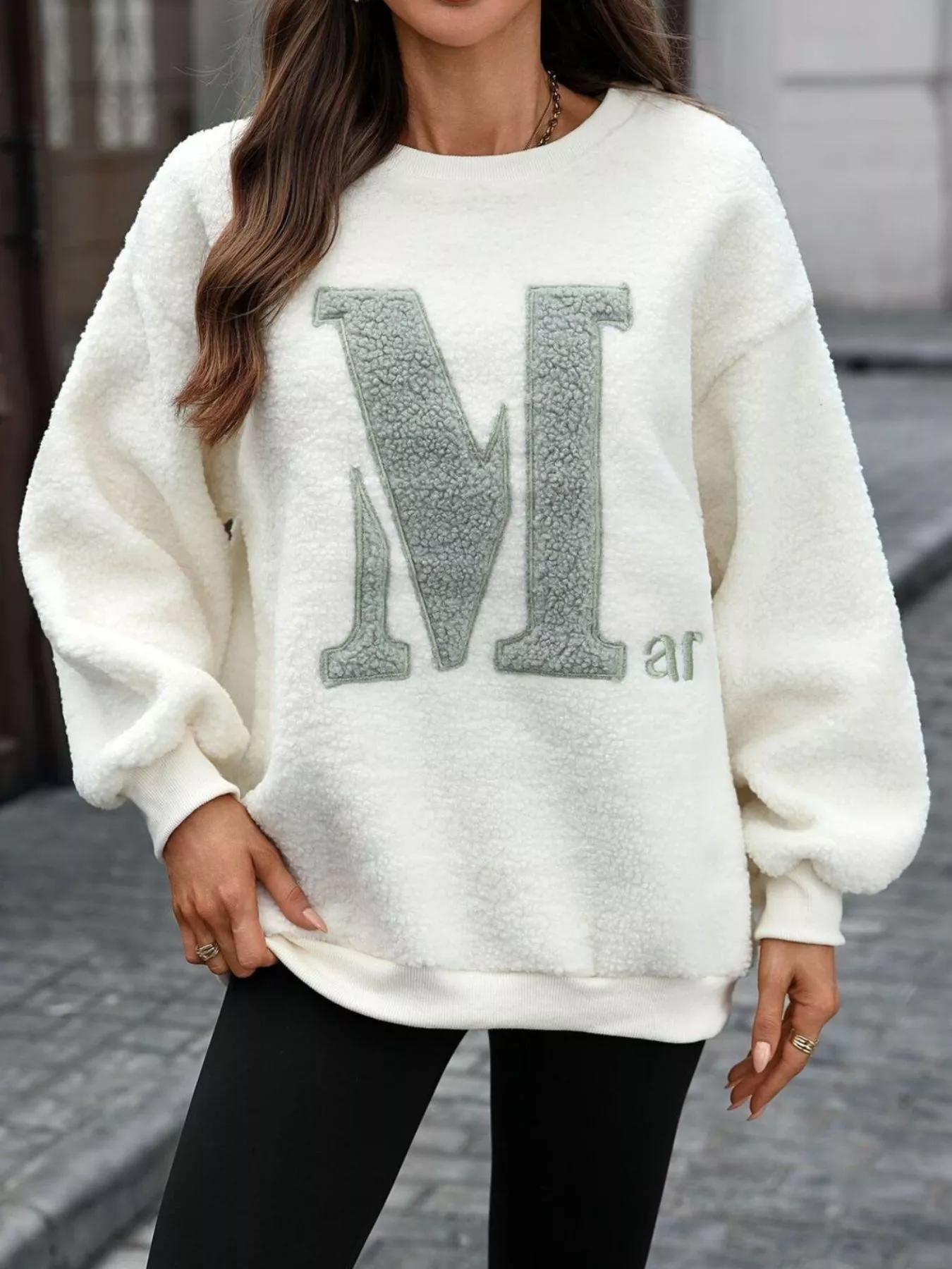 Letter Round Neck Fleece Sweatshirt - Image 6