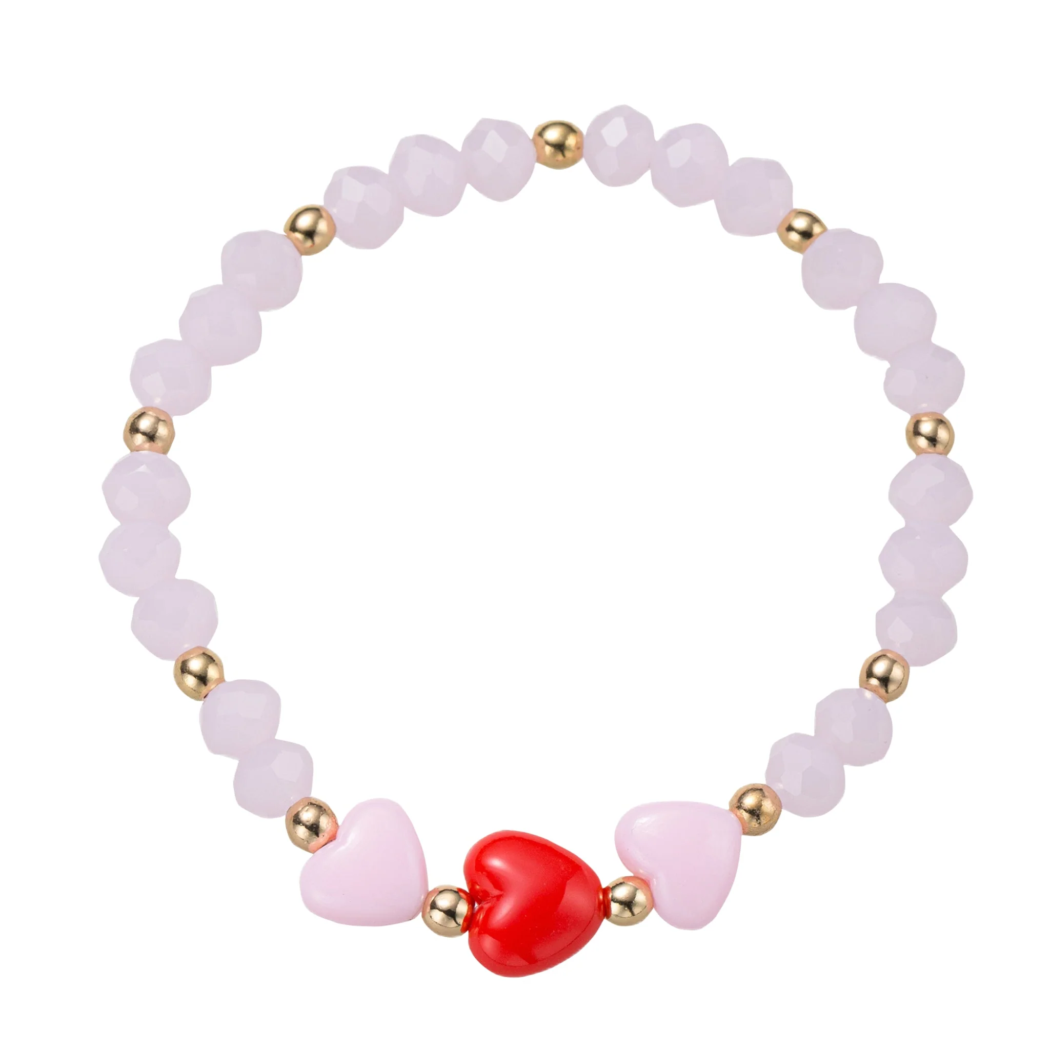 Light Pink, Red Faceted Beaded Stretch Bracelet with Red, Pink Hearts