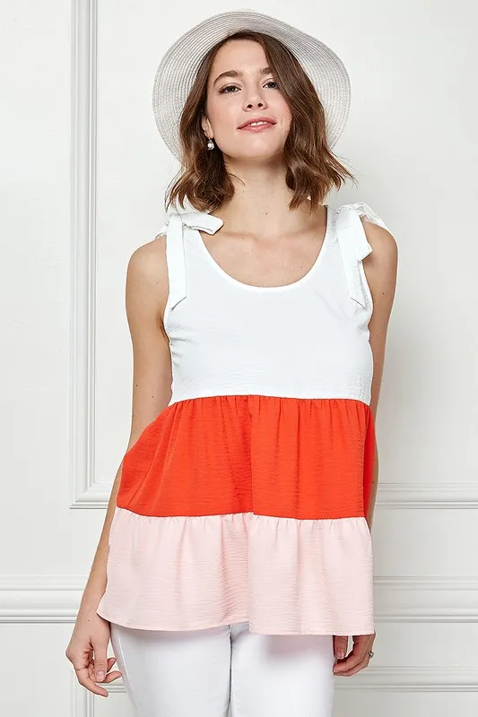 Lime 'N' Chili Color Block Sleeveless Tie Shoulder Babydoll Top