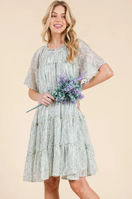 Lime 'N' Chili Ditsy Floral Print Sheer Ruffle Detail Mini Dress - Image 4