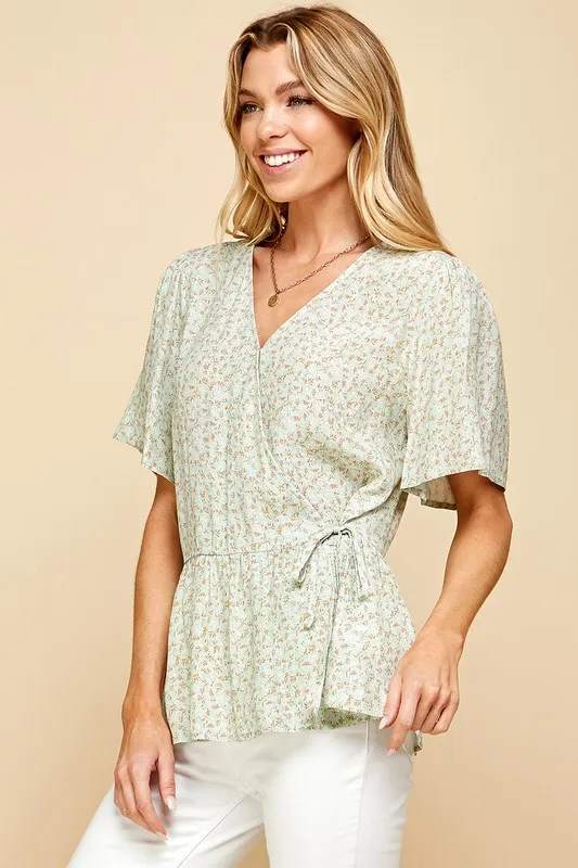 Lime 'N' Chili Ditsy Print V-Neck Short Sleeve Wrap Blouse - Image 4