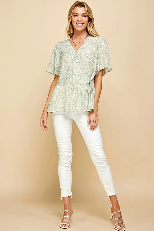 Lime 'N' Chili Ditsy Print V-Neck Short Sleeve Wrap Blouse - Image 6