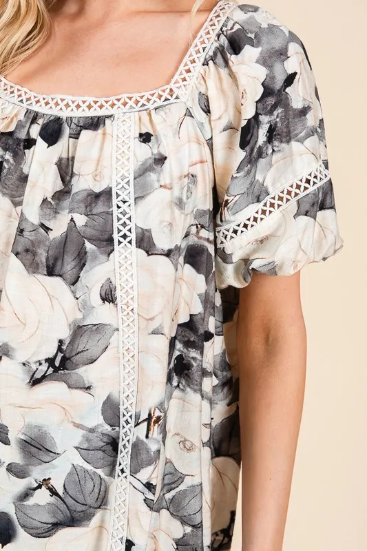 Lime 'N' Chili Floral Print Lace Trim Puff Sleeve Blouse - Image 13