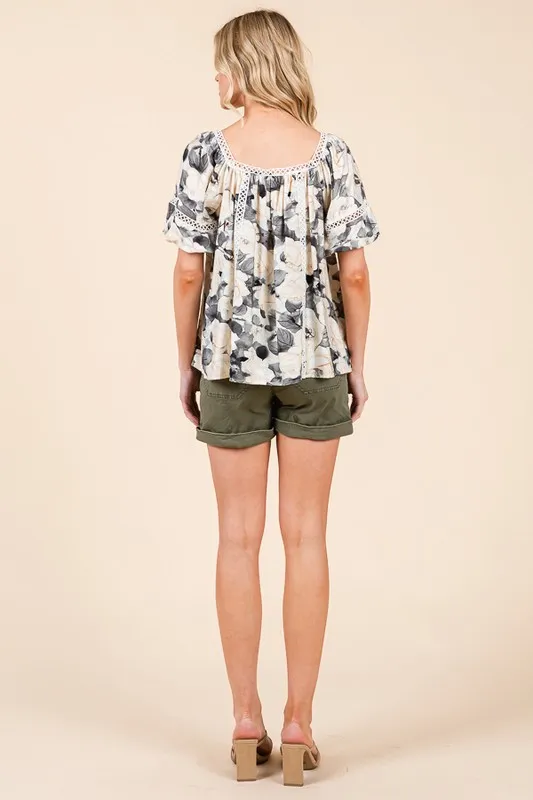 Lime 'N' Chili Floral Print Lace Trim Puff Sleeve Blouse - Image 14
