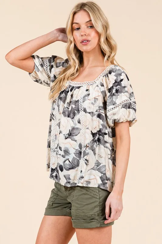 Lime 'N' Chili Floral Print Lace Trim Puff Sleeve Blouse - Image 8