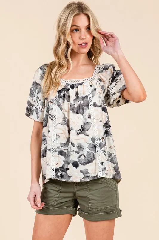 Lime 'N' Chili Floral Print Lace Trim Puff Sleeve Blouse - Image 9