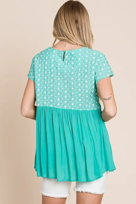 Lime 'N' Chili Full Size Embroidered Short Sleeve Pleated Babydoll Top Plus Size - Image 2