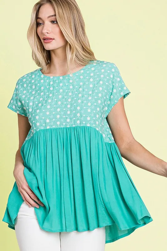 Lime 'N' Chili Full Size Embroidered Short Sleeve Pleated Babydoll Top Plus Size - Image 6