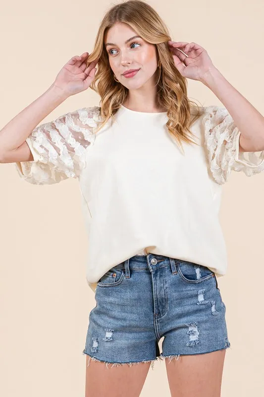 Lime 'N' Chili Full Size Lace Puff Sleeve Round Neck Top Plus Size - Image 6