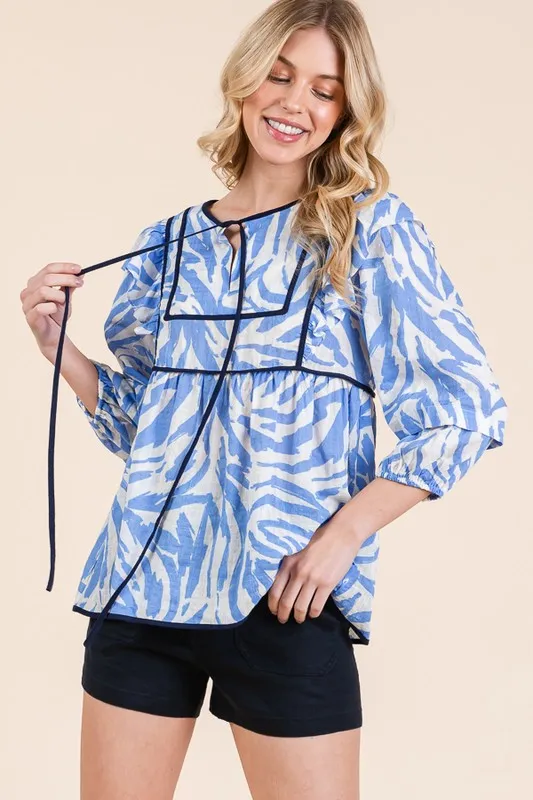 Lime 'N' Chili Graphic Print Solid Trim Quarter Sleeve Blouse - Image 10