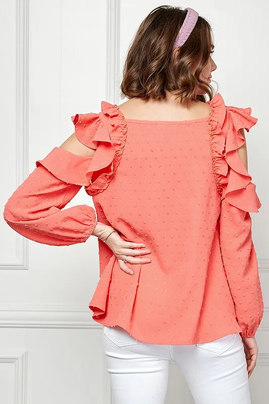 Lime 'N' Chili Ruffle Trim Cold Shoulder Swiss Dot Blouse - Image 5