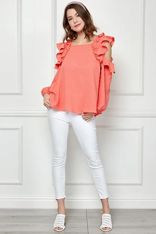 Lime 'N' Chili Ruffle Trim Cold Shoulder Swiss Dot Blouse - Image 6