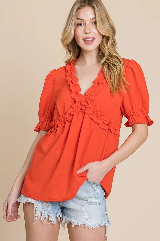 Lime 'N' Chili Solid Ruffled Deep V-Neck Puff Sleeve Babydoll Top - Image 6