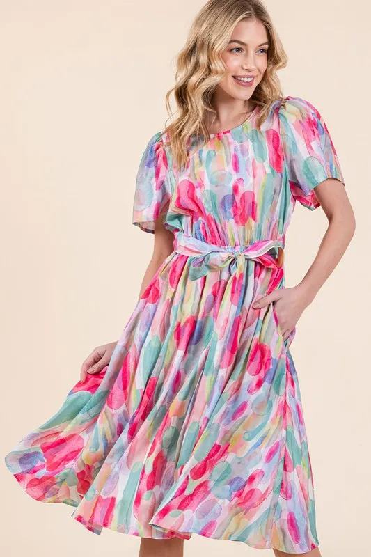 Lime 'N' Chili Watercolor Print Tie Front Midi Dress - Image 3