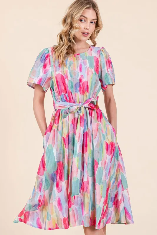 Lime 'N' Chili Watercolor Print Tie Front Midi Dress - Image 4