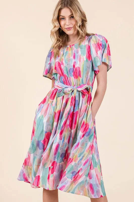 Lime 'N' Chili Watercolor Print Tie Front Midi Dress - Image 5