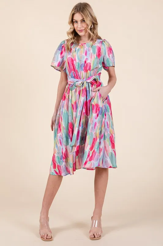 Lime 'N' Chili Watercolor Print Tie Front Midi Dress - Image 9