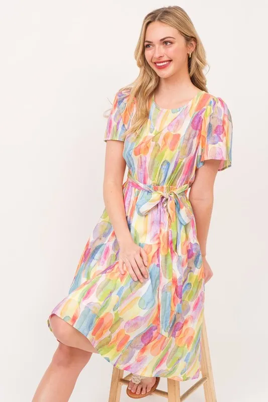 Lime 'N' Chili Watercolor Print Tie Front Midi Dress - Image 10