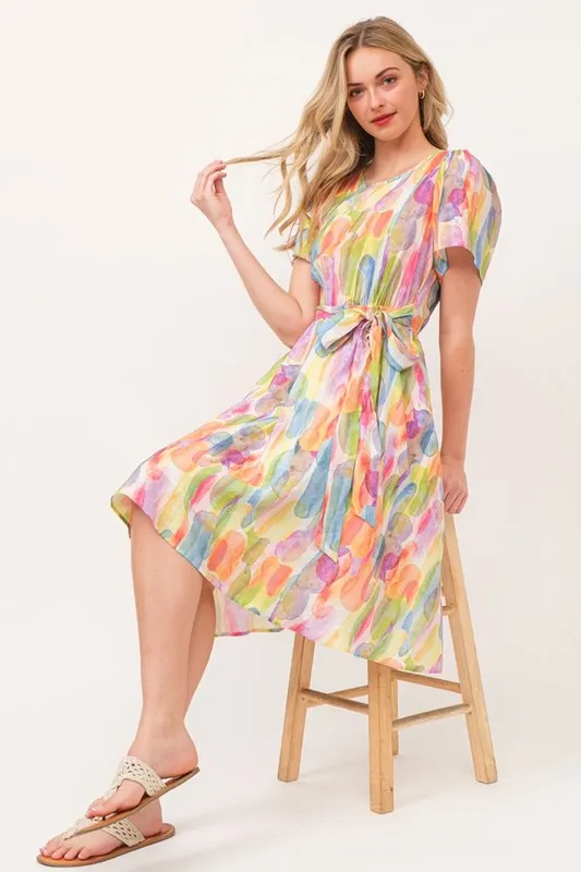 Lime 'N' Chili Watercolor Print Tie Front Midi Dress - Image 11