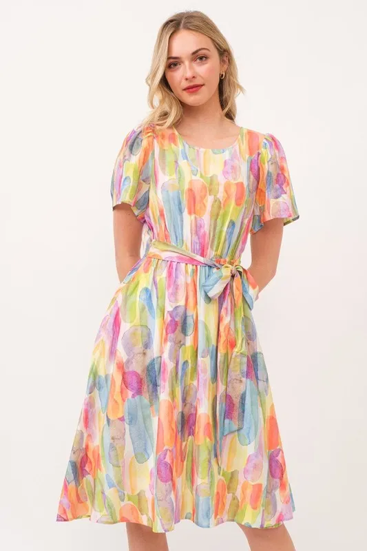 Lime 'N' Chili Watercolor Print Tie Front Midi Dress - Image 4