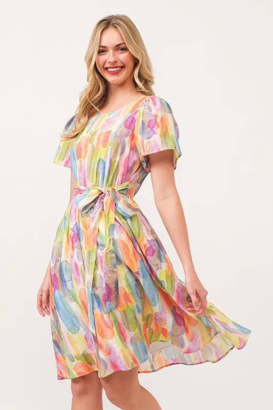 Lime 'N' Chili Watercolor Print Tie Front Midi Dress - Image 7