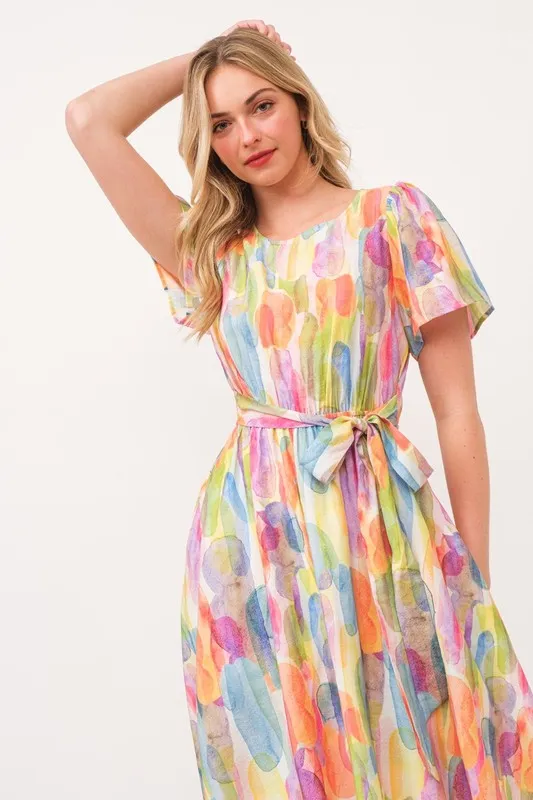 Lime 'N' Chili Watercolor Print Tie Front Midi Dress - Image 8