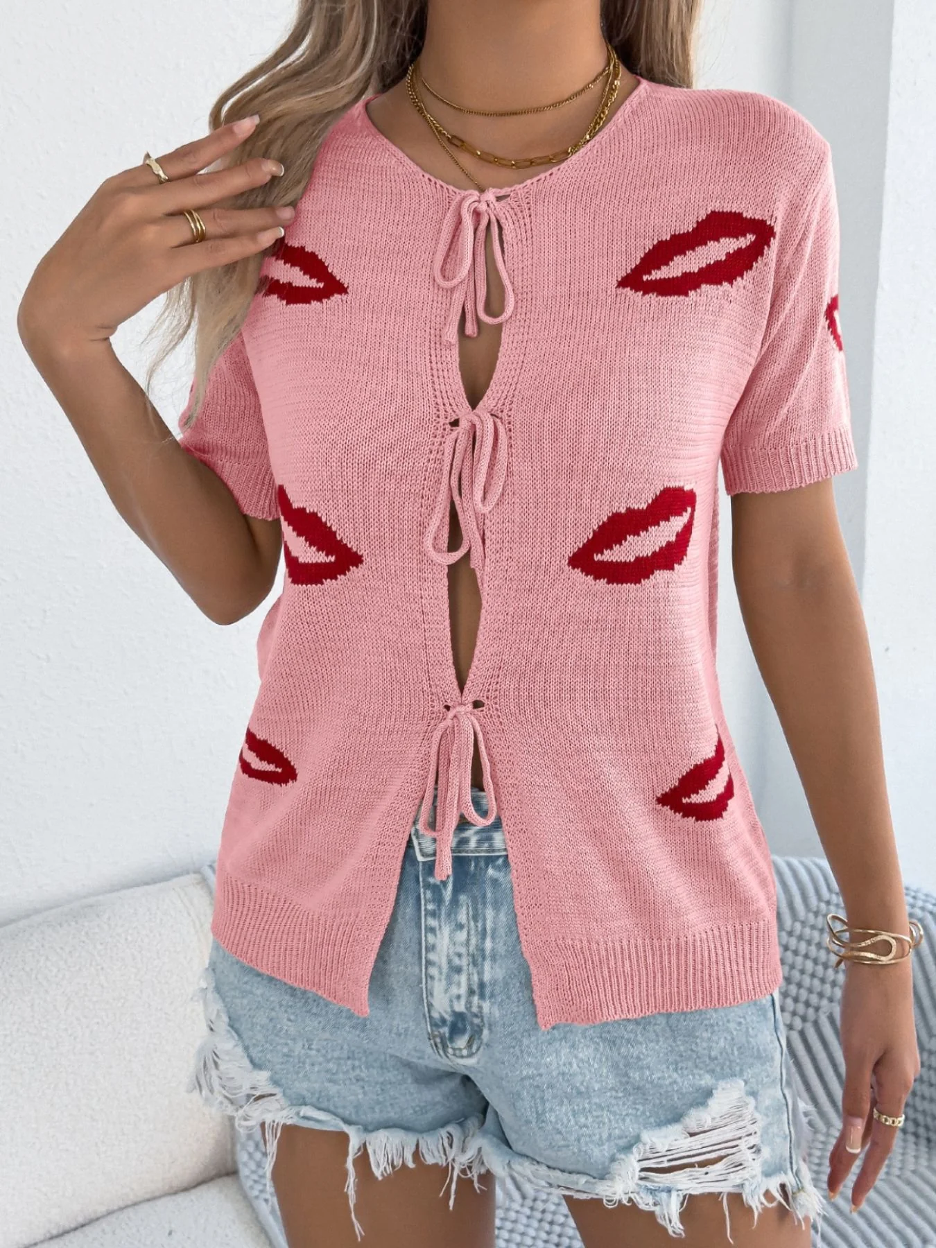 Lips Tie Front Knit Cardigan - Image 10