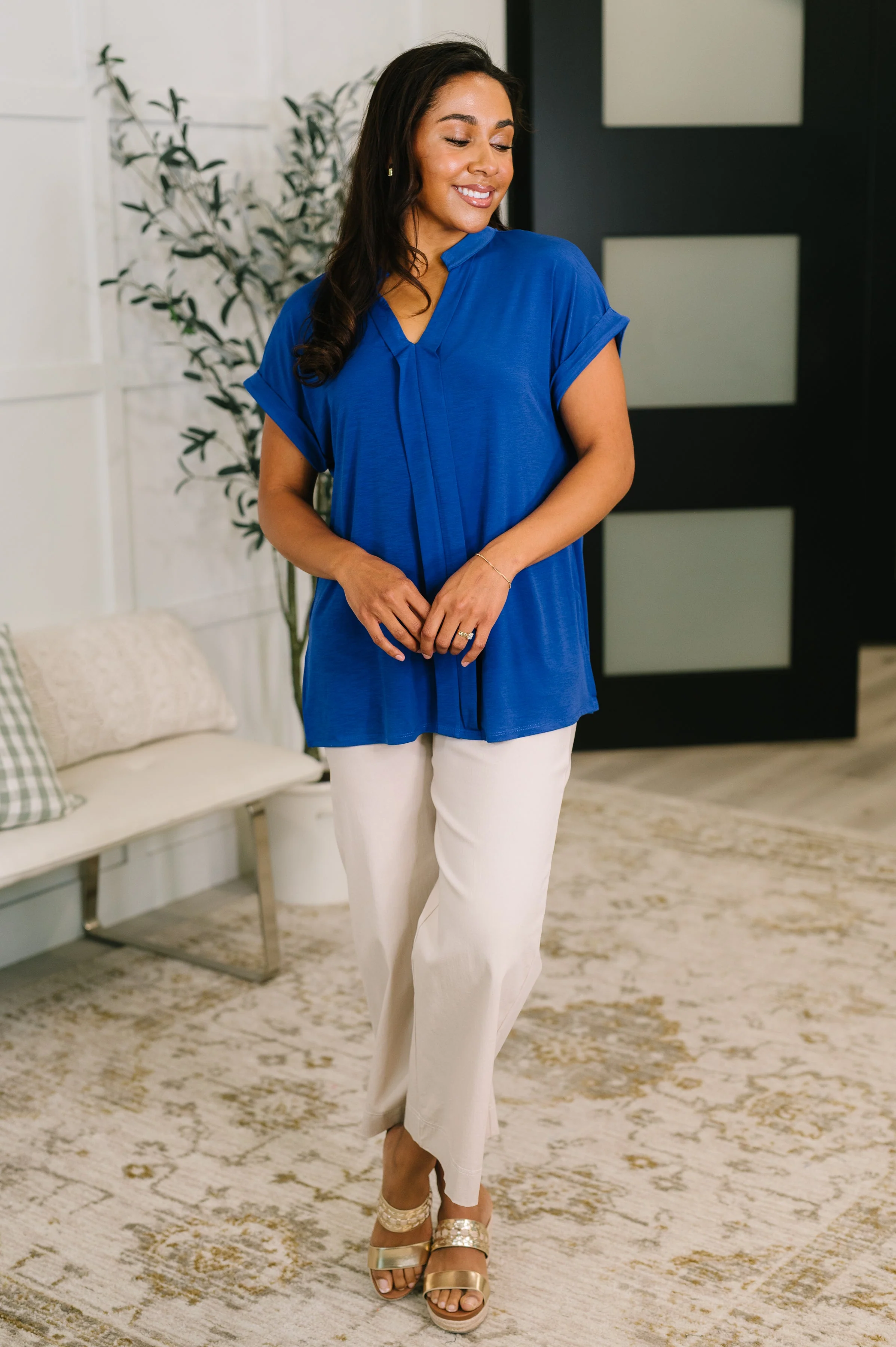 Lizzy Bloom Split Neck Blouse in Royal Blue - Image 3