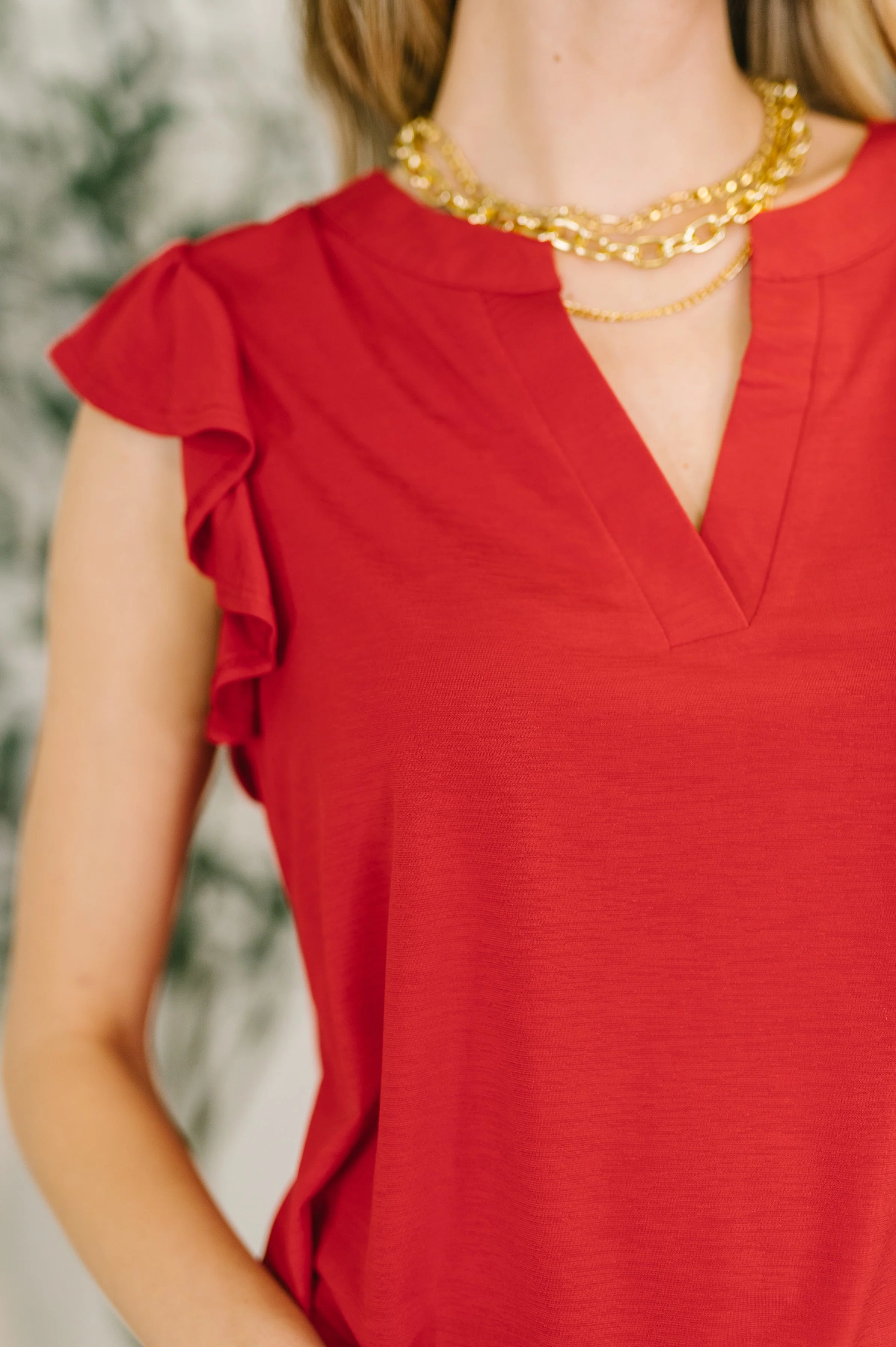 Lizzy Flutter Sleeve V-Neck Blouse in Red - Image 2