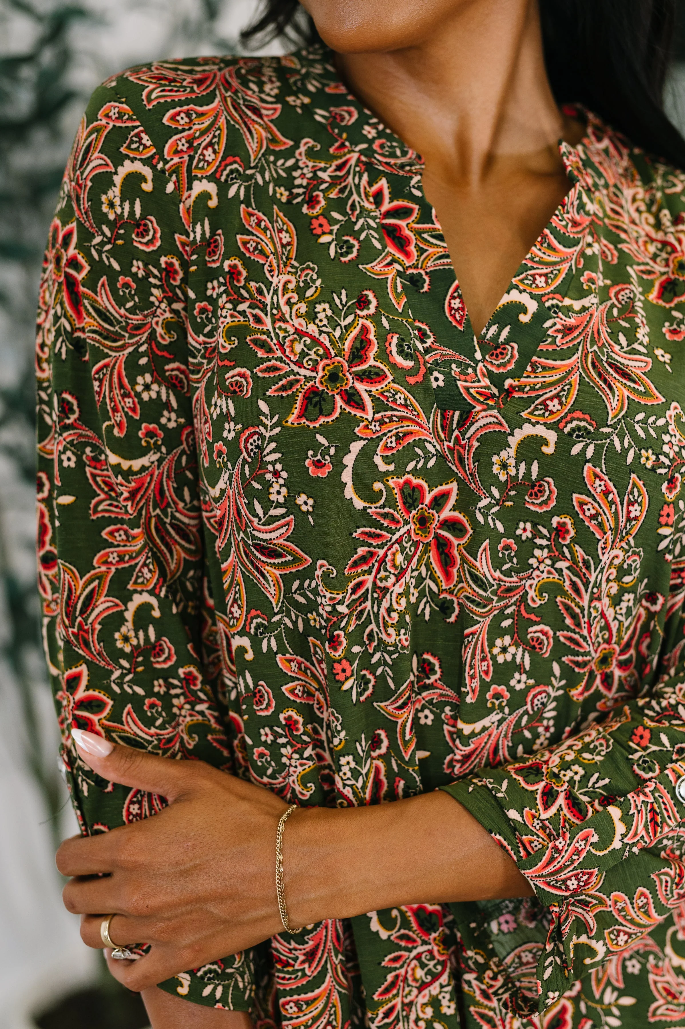Lizzy Long Sleeve Dress in Olive Paisley - Image 2