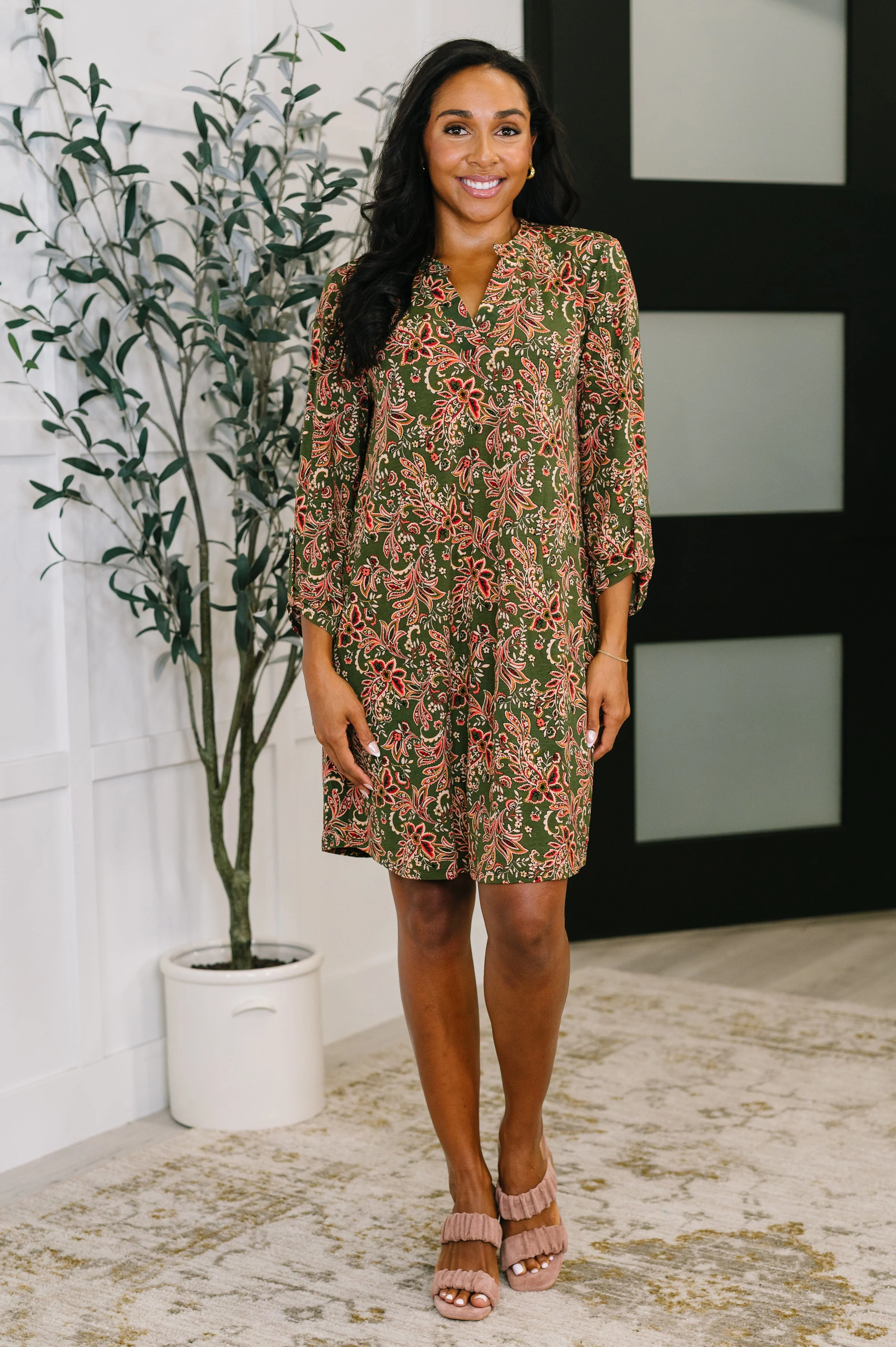 Lizzy Long Sleeve Dress in Olive Paisley - Image 3