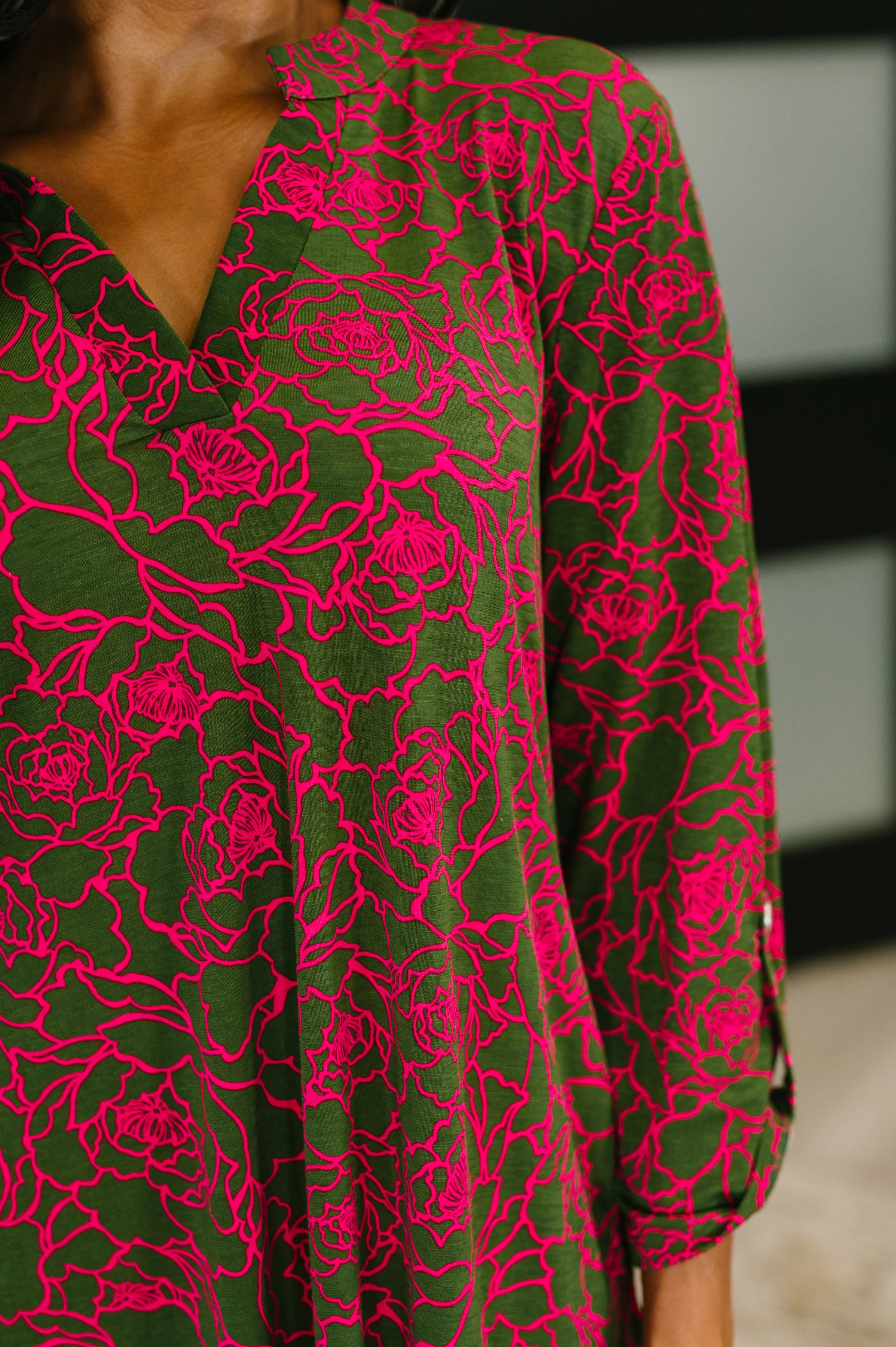 Lizzy Long Sleeve Dress in Pink and Olive Abstract Floral - Image 2